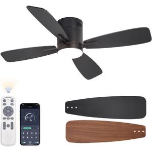 LEDIARY 46 inch Ceiling Fans with Lights and Remote Control,Flush Mount Ceiling Fan with Quiet Reversible DC Motor,Black Modern Low Profile Ceiling Fan with Light for Bedroom Living Room Patio
