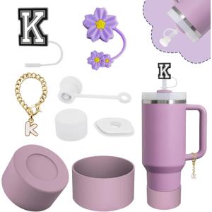 3 x Stanley Cup Accessories Set,Including 2 Pcs 0.4in Straw Cover, 1 Silicone Spill-Proof Stopper Set of 3, 1 Name ID Letter Handle Charm, 1 Silicone Cup Boot Fits Stanley 40&30 Oz Tumbler (K)