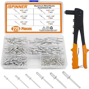ISPINNER 225pcs Aluminum Blind Rivets Assortment Kit with Heavy Duty Hand Riveter Rivet Gun Tool, 6 Sizes Pop Rivets