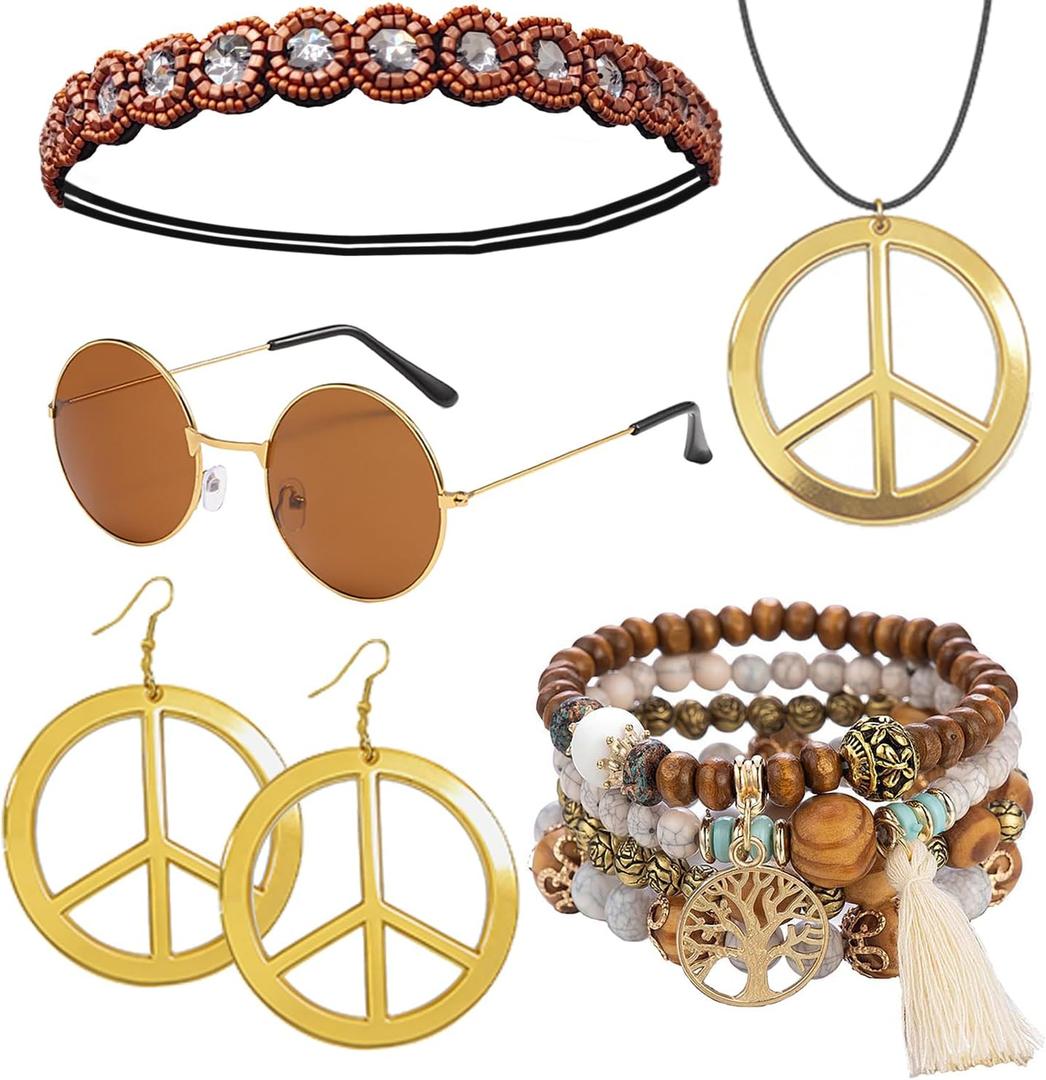 kasahara 5 Pcs Hippie Costume Accessories for Women 60s 70s Hippie Outfit Gifts Headband Peace Sign Necklace Earrings Bracelet Sunglasses (Brown)