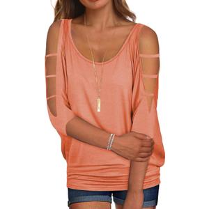 Miselon Womens Cold Shoulder Tops 3/4 Sleeve Oversized Dolman Shirt Blouse Coral,XXL (Pink, XXL)