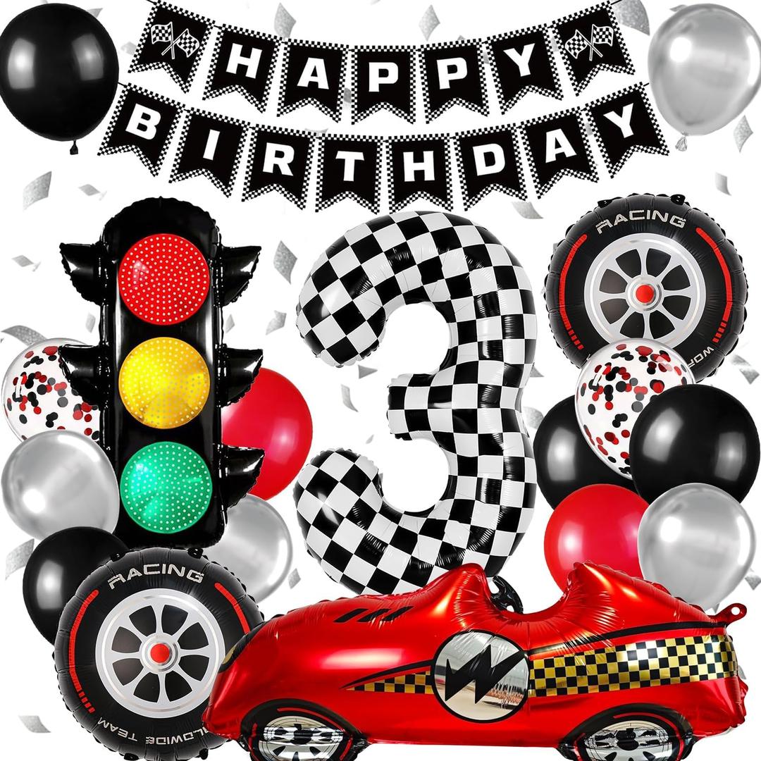 Race Car Birthday Party Decorations, with 40 Inch Number 3 Balloon, Happy Birthday Banner, Traffic Light and Foil Tire Balloon for 3rd Car Themed Birthday Party Supplies