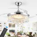 48'' Modern Chandelier Ceiling Fan with Timer, Silent Motor Fandelier Crystal Ceiling Fan with Light and Remote Control, Retractable Blade Fandeliers for Bedroom, 6 Speeds, 3 Colors, Silver