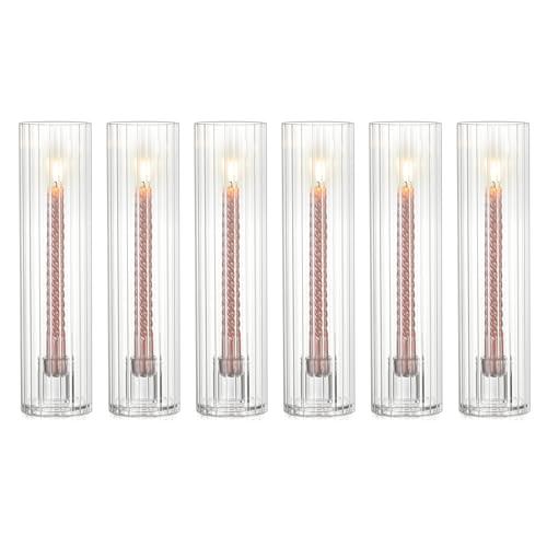 NUPTIO Taper Candle Holders for Centerpiece: Ribbed Hurricane Glass Candlestick Holder - Set of 6 Windproof Fluted Candle Stick Stand for Fall Thanksgiving Christmas Decor