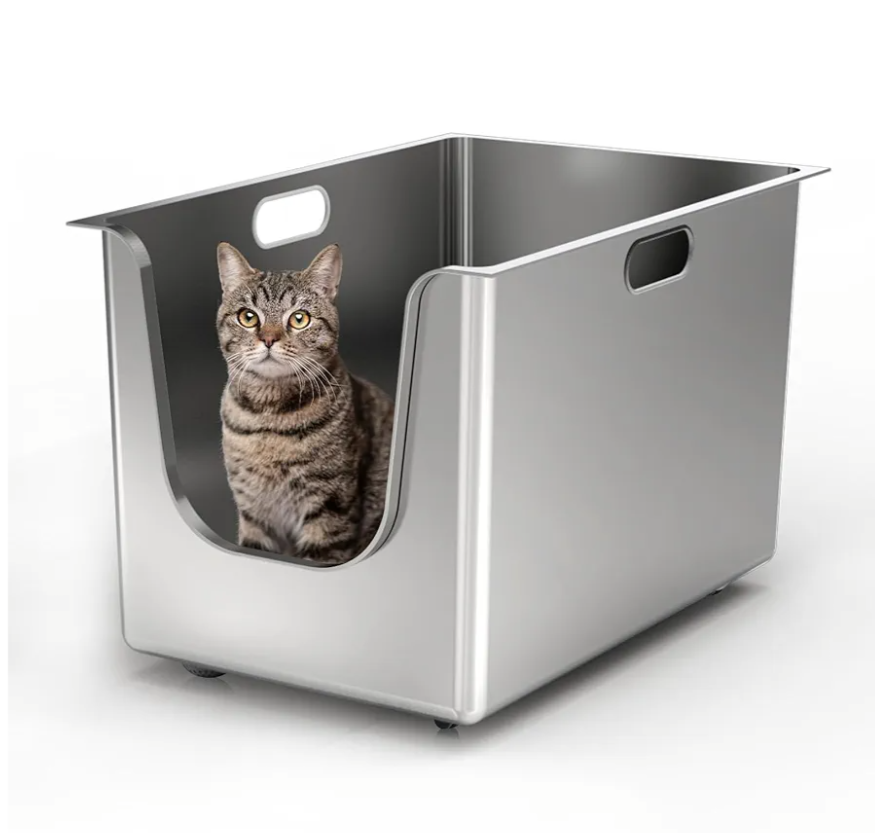 Stainless Steel Litter Box 13.7'' High Sides, XL Metal Cat Litter Box with Curved Low Entry, Cat Litter Pan for Big & Multiple Cats, Pet Toliet with Handy Wheels for Easy Moving