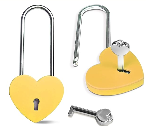Single Heart Lock with Key 3.5 Inches, 50mm Love Padlock Matte Finish Yellow Metal Love Lock for Lovelock Bridge, Card Box, Jewelry Box, Diary Book, Handbag