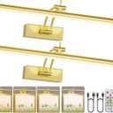 2 Pack Picture Light Battery Operated for Wall, 16" Wireless Art Lighting for Painting, 6 Colors Picture Frame Lights with Remote, Dimmable 5200mAh Gallery Light, Gold