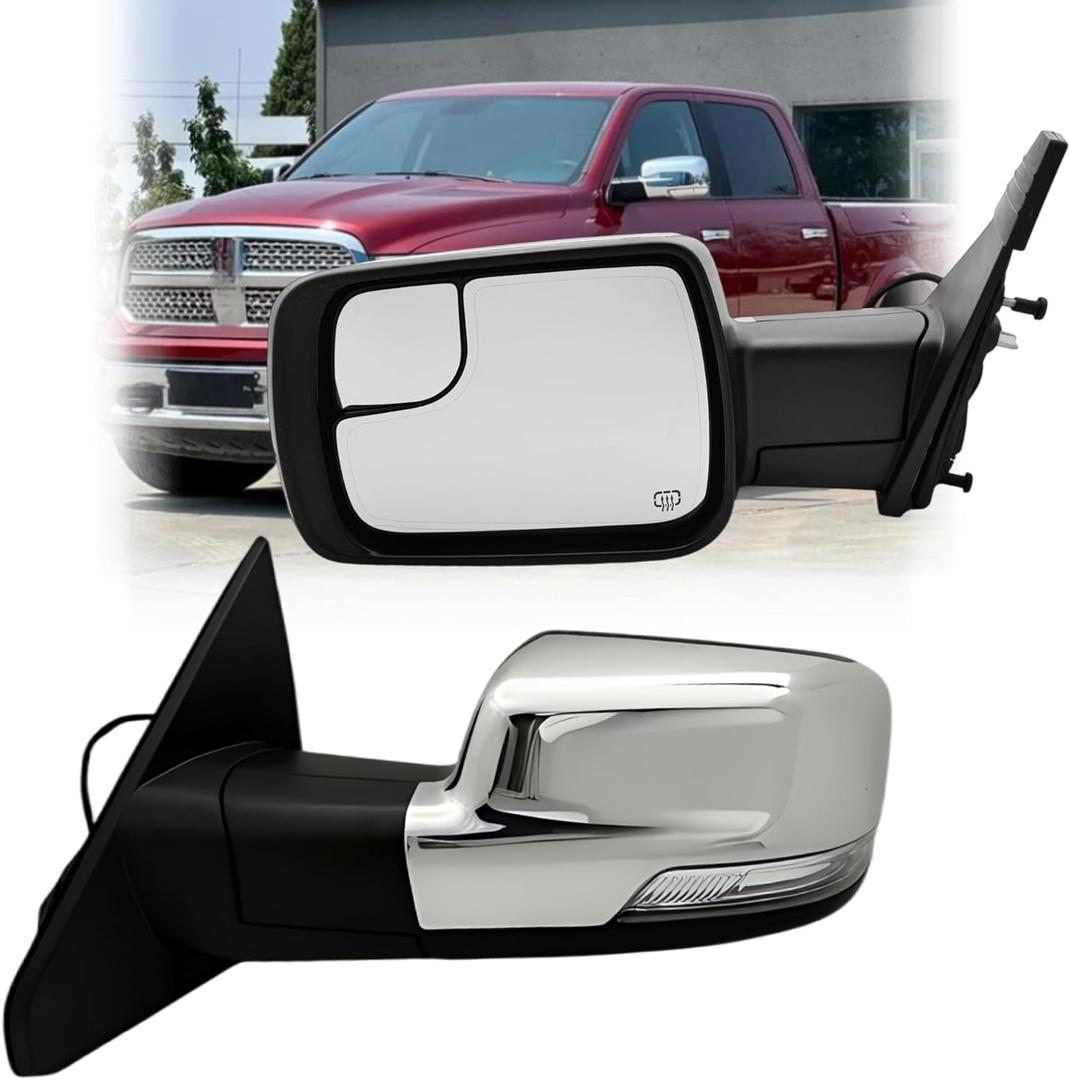 Driver Side Mirror Compatible With Dodge Ram 1500 2019-2025 With Power Heated Glass Turn Signal Light Puddle Light Temp Sensor Power Folding Chrome 14Pins (LH)