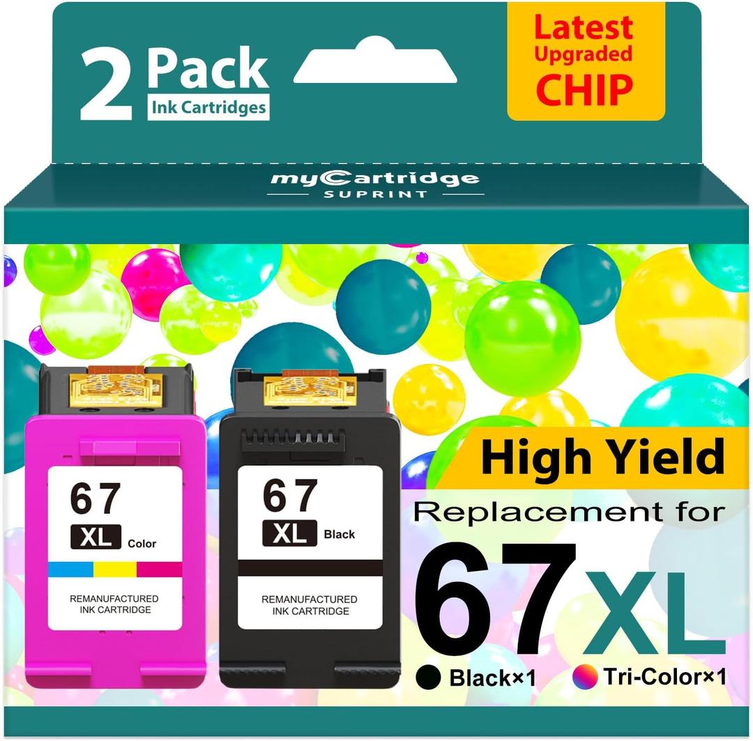 67XL Ink Cartridges Black/Color Combo Pack Replacement for HP Ink 67 67XL HP Printer Ink High Yield Works with DeskJet 2755e 2855e 2700 2800e 2700e 4255e 4155e Envy 6055e 6000 6455e 6400 (2-Pack)