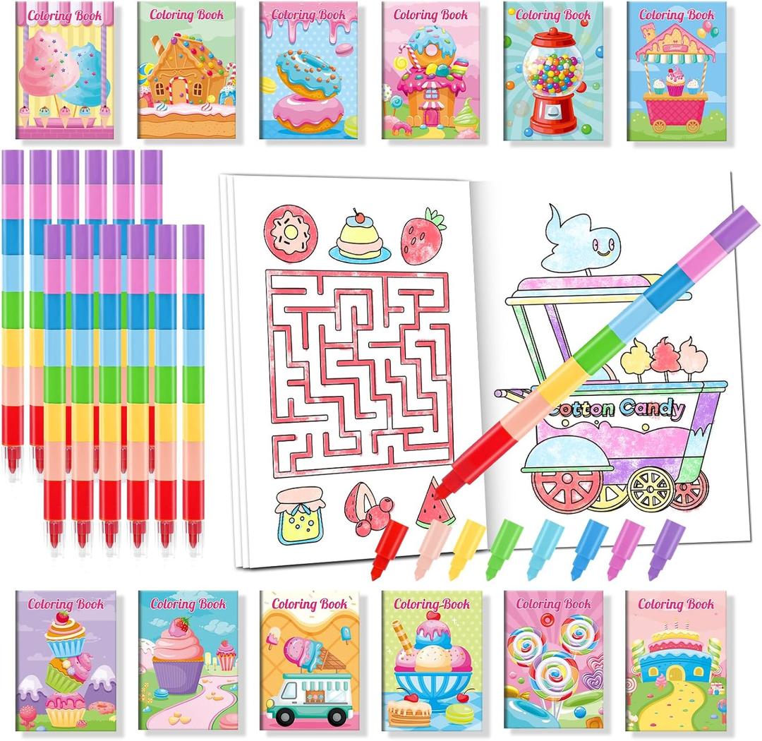 BenLouis 24 Sweet Mini Coloring Books Kids with 24 Stacking Crayons Candyland Donut Party Favors Activity Books Bulk for Kids Ice Cream Birthday Goodie Bag Gift Stuffer Classroom Reward