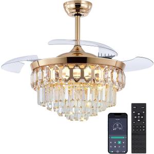 Asyko 48" Golden Crystal Chandelier Ceiling Fans with Lights, Modern Retractable Blade Ceiling Fan Light with Remote and APP, Dimmable 3 CCT and Reversible Quiet DC Motor