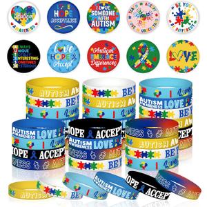 2 x 60 Pcs Autism Awareness Accessories Bulk Include 30 Puzzle Pieces Bracelet Silicone Wristband and 30 Button Badges Pins Special Autism Education for Adult Teens Motivational Party Supplies (blue)