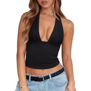 REORIA Women's Halter Tops Plunge Neck Backless Double Lined Sexy Going Out Crop Tops Summer Outfits 2026,XL