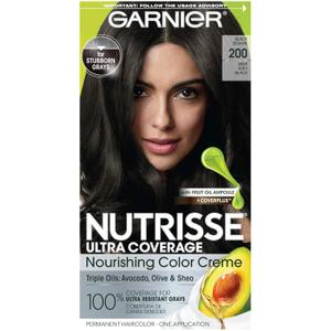 Garnier Nutrisse Ultra Coverage Hair Color, Permanent Hair Dye for Up to 8 Weeks of Stubborn Gray Coverage, Vegan & Cruelty-Free, 200 Deep Soft Black (Black Sesame), 3 Count