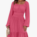 ANRABESS Womens Dress Long Lantern Sleeve Square Neck Elastic Waist Ruffle Flowy Swing A-Line Short Dresses 2025 Fall Fashion XL