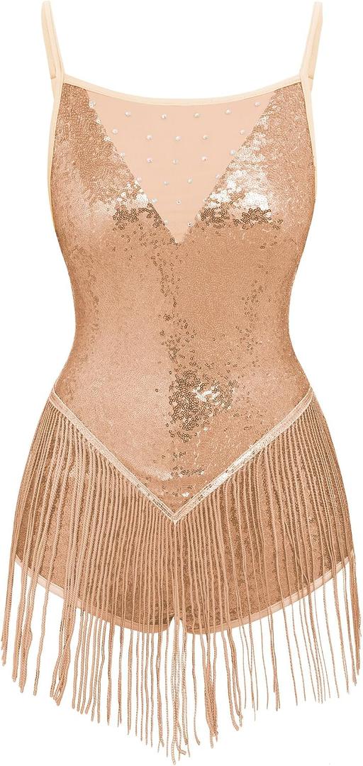 IBAKOM Women Fringe Sequins Bodysuit Latin Jazz Dance Dress Sparkly Tassel Rave Outfits Acrobat Circus Hip Hop Dance Costume (Beige, XXL)