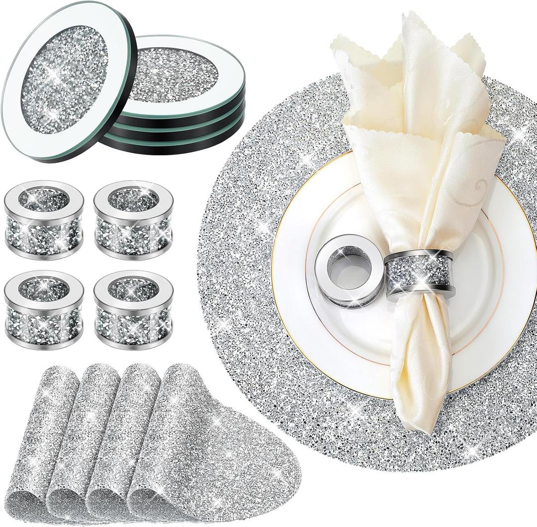 Dandat 12 Pcs Silver Napkin Rings Silver Rhinestone Placemat Glass Mirrored Coaster Set Includes 4 Circle Placemats 4 Glass Coasters 4 Napkin Holder for Dinning Table Wedding Banquets (Round)