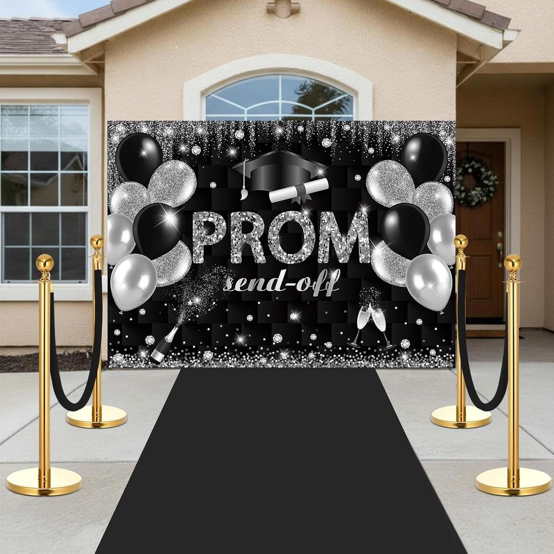Lyrow 4 Set Prom Send Off 2026 with Carpet Runner Stainless Steel Stanchion 7 x 5 ft Class of 2026 Prom Background 3.3 x 16.5 ft Carpet Runner Velvet Ropes for Graduation Party Decoration(Black)