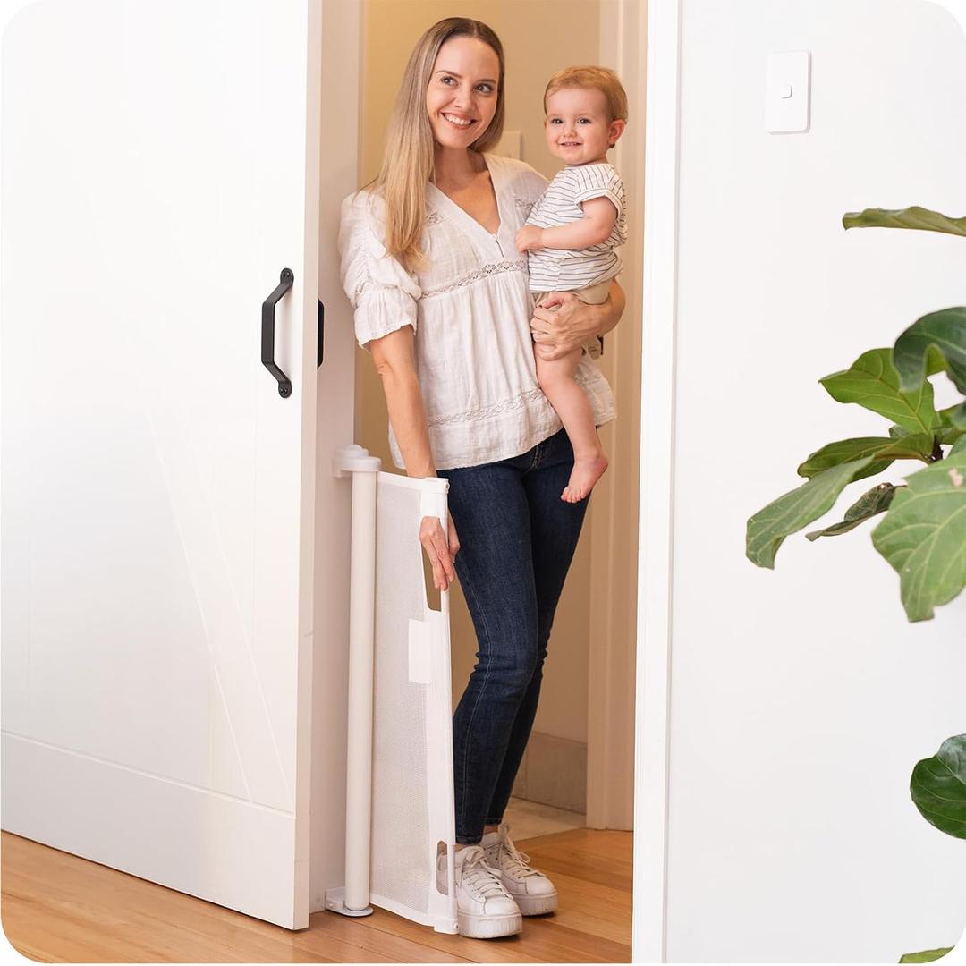 Retractable Baby Gate Perma Child Safety 33" Tall x 55” Wide, Mesh, for Stairs, Doorways, Dogs, Pets, Indoor, Outdoor, One-Handed Operation, Locking, Easy Install, Hardware Mount, White