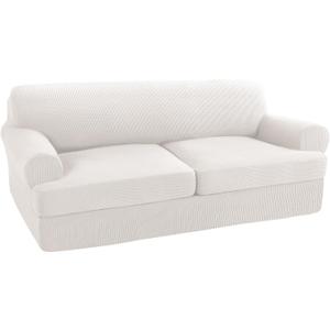 Turquoize 3 Piece T Cushion Sofa Slipcovers Stretch Couch Cover Furniture Covers with 2 Individual T Cushion Covers, Machine Washable (2 Cushion Sofa, Ivory)
