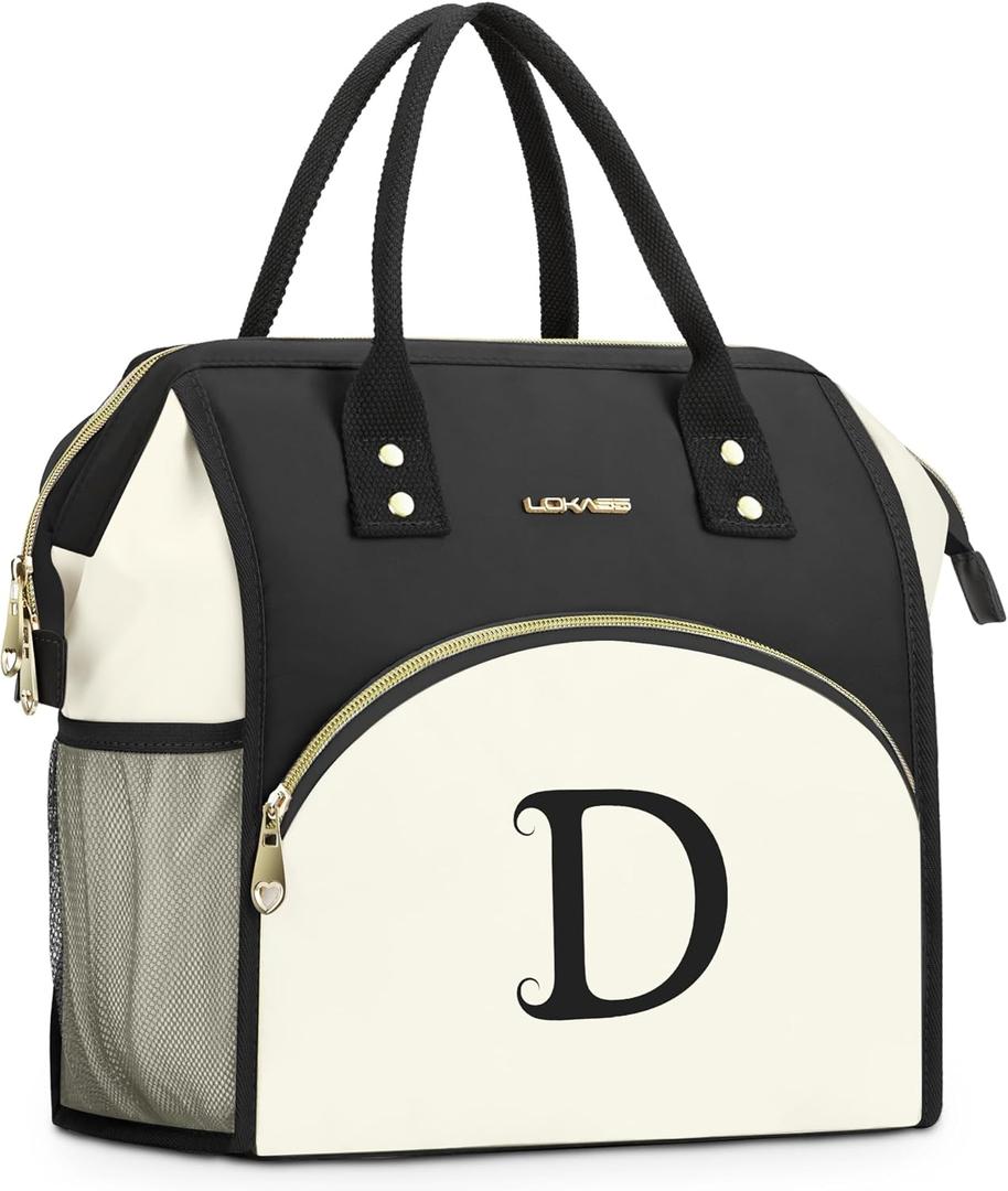 Personalized Lunch Bag for Women, Preppy Reusable Insulated Initials Lunch Box Gift for Friend Large Wide-Open Water Resistant Adult Cooler Tote Bag for Work, Travel, Picnic - Black D