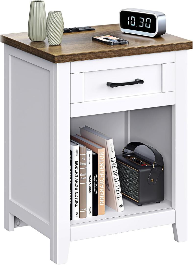 Decofy Farmhouse Nightstand with Charging Station, White & Walnut