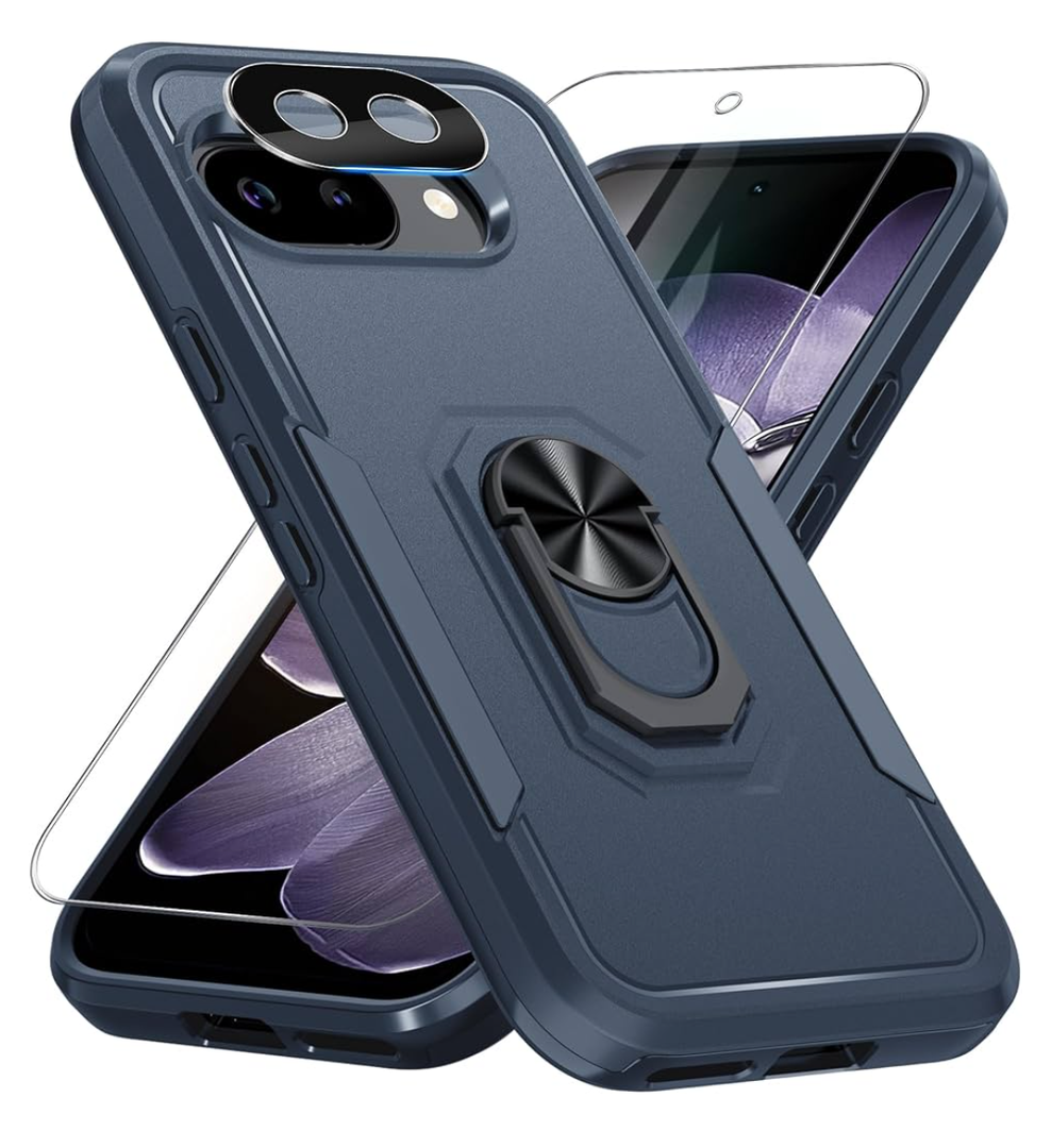 for Google Pixel 9a Case with Screen Protector+ Camera Lens Protector, Heavy Duty Shockproof Full Body Protective Cover Built in Rotatable Metal Ring Holder Kickstand,2025 Navy Blue