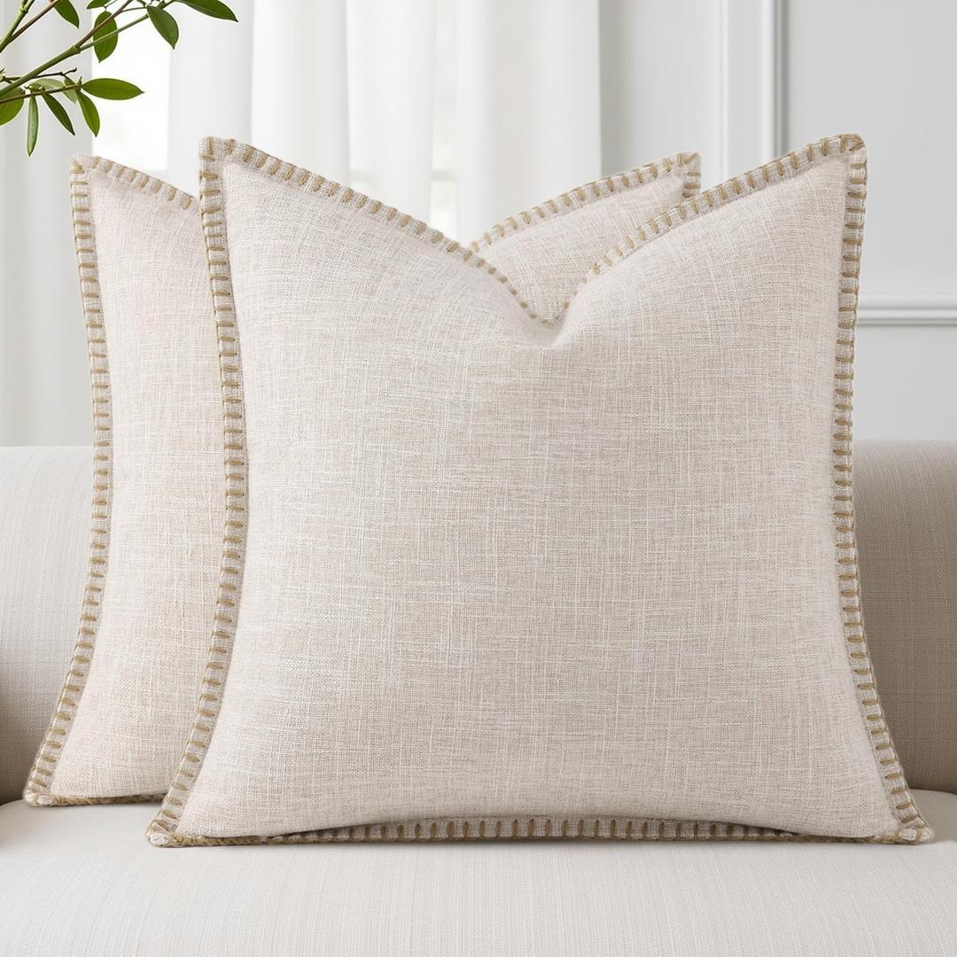 decorUhome Summer Decorative Throw Pillow Covers 24x24 Set of 2 Square Faux Linen Outdoor Neutral Farmhouse Euro Sham Pillow Covers with Stitched Edge for Couch Sofa Living Room, Beige