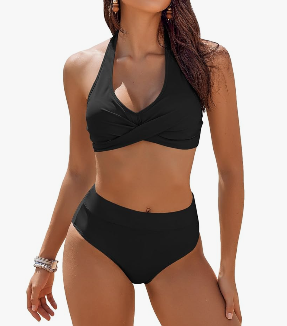AI'MAGE Women's High Waisted Bikini Sets Tummy Control Swimsuits 2025 Two Piece Bathing Suits Color Block Halter Swim Suits M