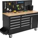 Rolling Tool Chest, 61 in Garage 10 Drawers Workbench Storage Tool Cabinet with Solid Rubber Wood Top, Power Strip, 1675 LBS Load Mobile Workstation, Heavy Duty Rolling Cabinet, Black