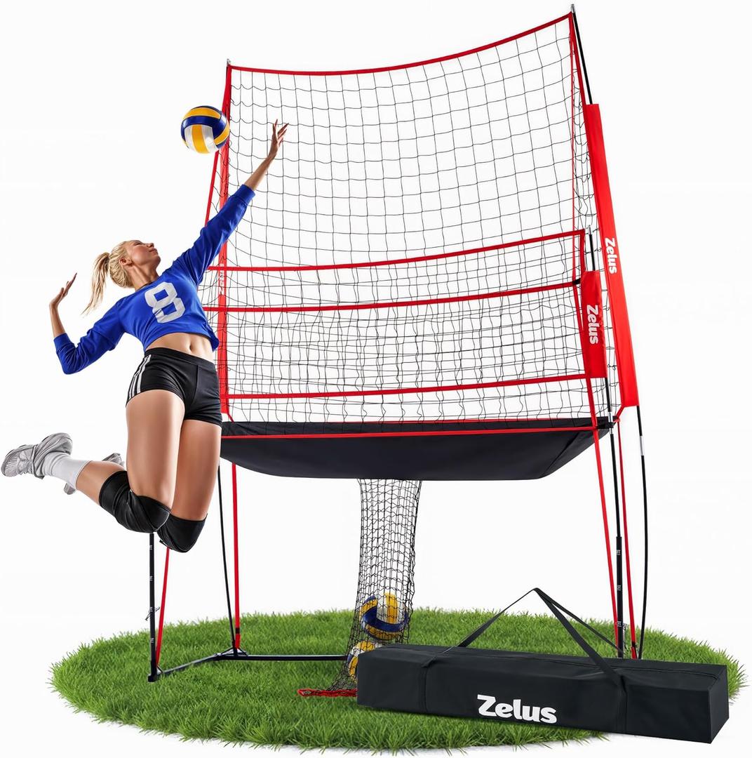 ZELUS Volleyball Training Equipment, 11x8 ft Volleyball Practice Net Station with Adjustable Height & Ball Return (Red)