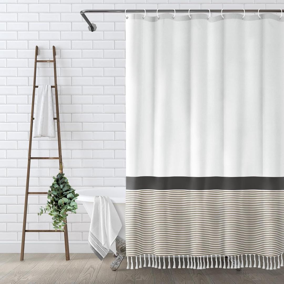 Brown Shower Curtain Cotton Boho Striped Shower Curtains for Bathroom with Tassel 72 X 72 Grey
