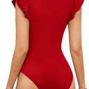 MANGOPOP Women's Deep V Neck Ruffle Sleeveless Body Suits Tank Top Bodysuit Going Out Sexy Fitted Summer Trendy Outfits (Red, XL)