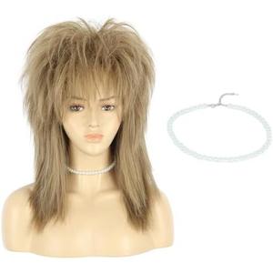 VGbeaty 70s 80s Mullet Women Shoulder Length Straight Light Brown Wig with Necklace Rock Disco Cosplay Party Halloween Costume Wig