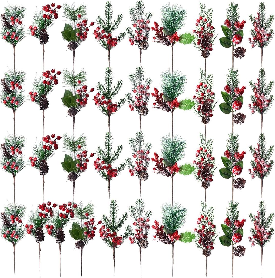 Yunsailing 37 Pcs Artificial Christmas Tree Picks Faux Cedar Holly Pine Stems with Red Berries Christmas Tree Picks Decorations for Xmas Winter Holiday DIY Crafts Wreath(Elegant)
