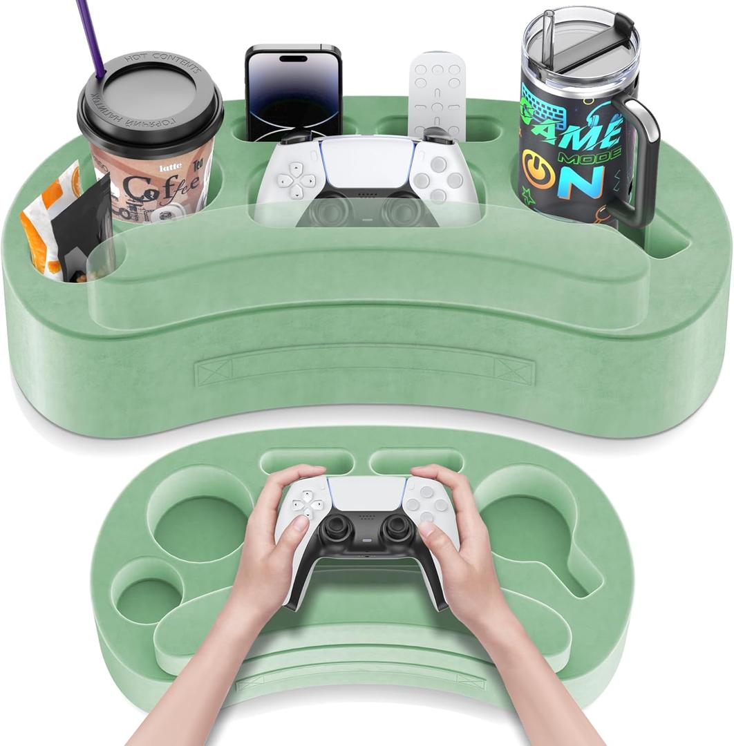 Couch Cup Holder Pillow Tray with 6 Slots, Gaming Pillow Couch Cupholder Tray with Armrest Cushion, Couch Caddy & Buddy, Drink, Snack, Controller, Remote, Phone, Green
