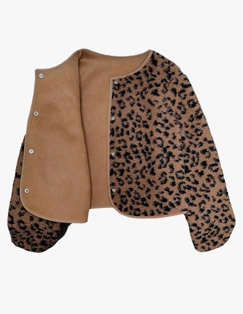 MakeMeChic Women's Cheetah Print Jackets Winter Faux Fur Coat Y2K Long Sleeve Button Down Jackets, L