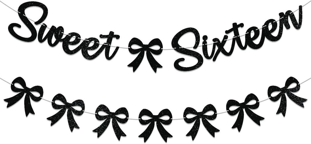 Black Bow Sweet Sixteen Banner - Coquette Black Bow 16th Birthday Party Decorations, Happy Sweet 16 Banner for Girls/Women Birthday Party Black Glitter