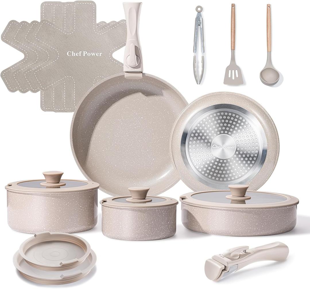 Chef Power Ceramic Nonstick Pots and Pans Set 19 Piece with Detachable Handle, Induction Dishwasher Oven Safe Cookware Set, RV Kitchen Set Removable Handle, Mocca Taupe