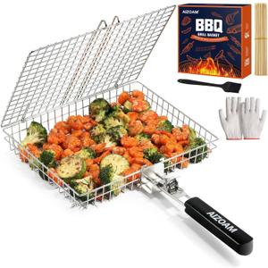 Grill Basket - Grill Baskets for Outdoor Grill, Stainless Steel Large Grilling Basket w Removable Handle, Portable Fish Grilling Rack for Grill Ideal Meat Fish Vegetables Grilling Accessories