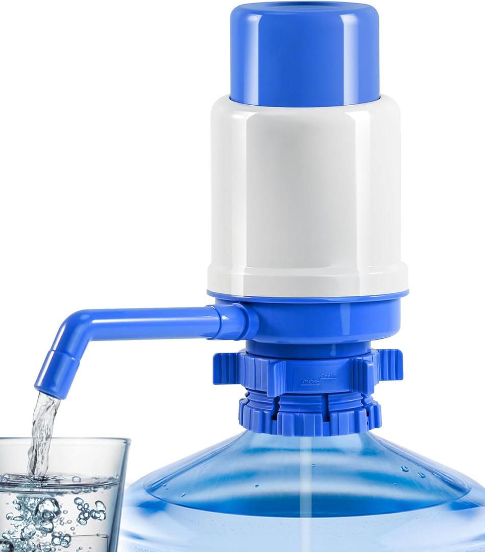 Manual Water Dispenser for 5 Gallon Bottle - Hand Press 5 Gallon Water Dispenser, Secure Fit on Crown Top Jugs - Adjustable Tube Length, Protective Spout Cap, Cleaning Brush, BPA-Free Food Grade (Blue)