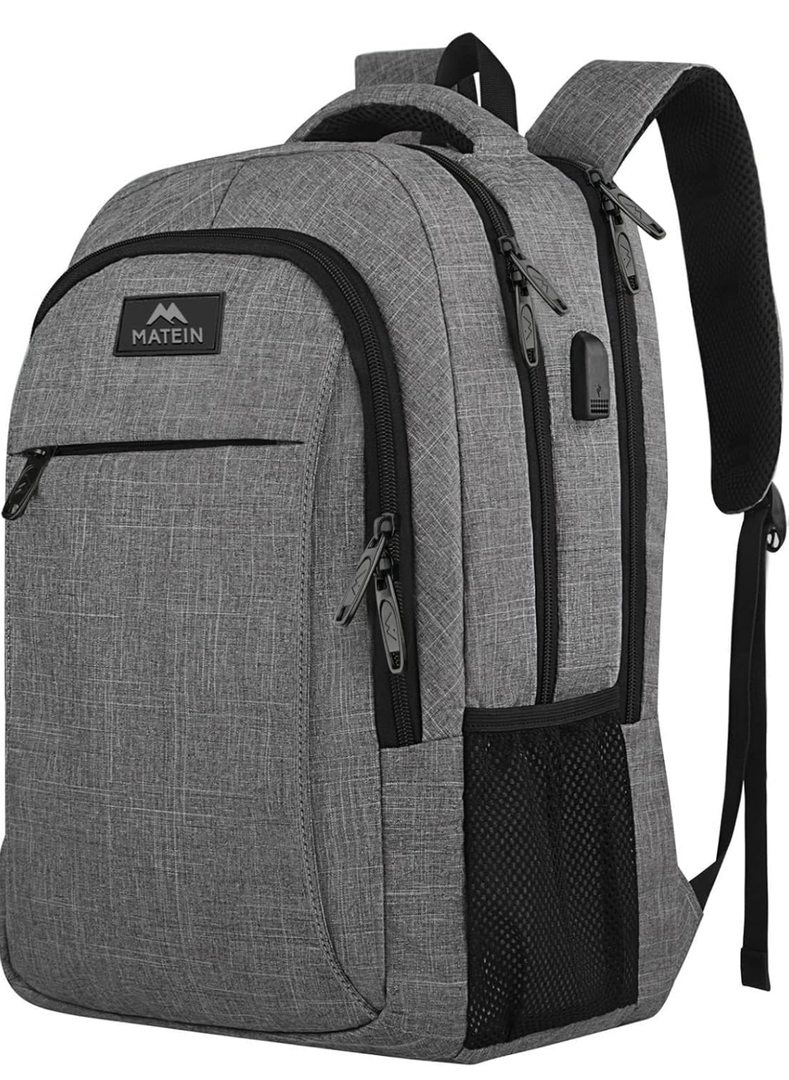 MATEIN Travel Laptop Backpack, Business Anti Theft Slim Sturdy Laptops Backpack with USB Charging Port, Water Resistant College School Computer Bag Gift for Men & Women Fits 15.6 Inch Notebook, Grey