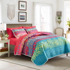 3 Pieces Colorful Bohemian Quilt Set California King Size, Boho Striped Pink n Teal Printed Bedding Bedspread Coverlet Set for Summer, Soft Lightweight Microfiber Quilt with 2 Shams (102x114 inces)