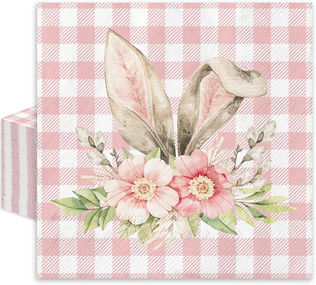 Whaline 80Pcs Easter Paper Napkin Rabbit Floral Greenery Disposable Luncheon Napkins Pink Plaid Bunny Ear Flower Dinner Hand Napkins for Spring Party Supplies Table Decoration