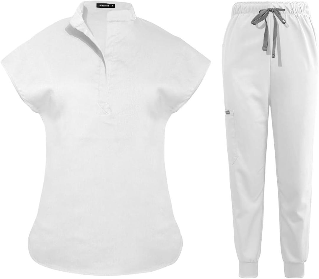 niaahinn Scrubs Set for Women Nurse Uniform Jogger Suit Stretch Top & Pants with Multi Pocket for Nurse Esthetician Workwear (Medium, White)