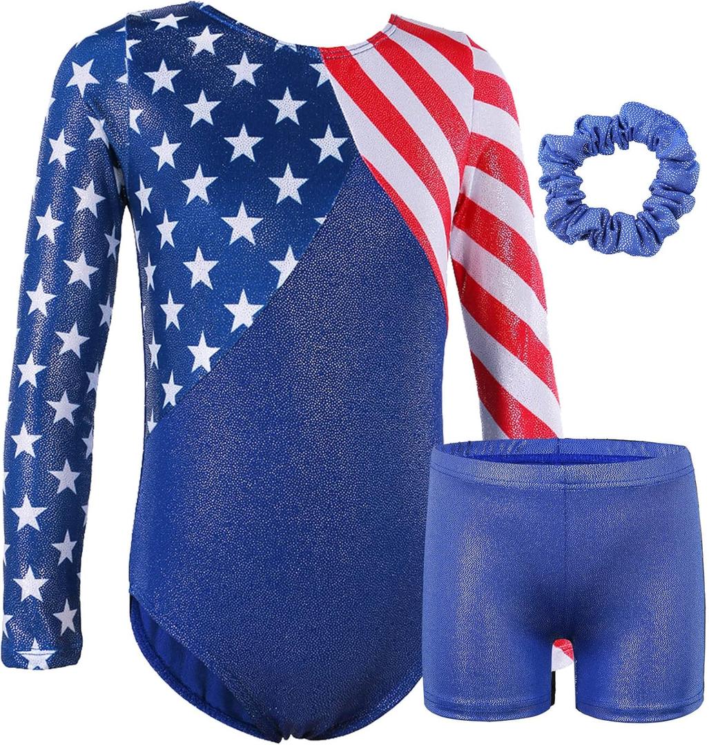 BAOHULU Gymnastics Leotards for Girls Patriotic Glitter Long Sleeve Dancewear with Matching Shorts Set (13-14 Years)