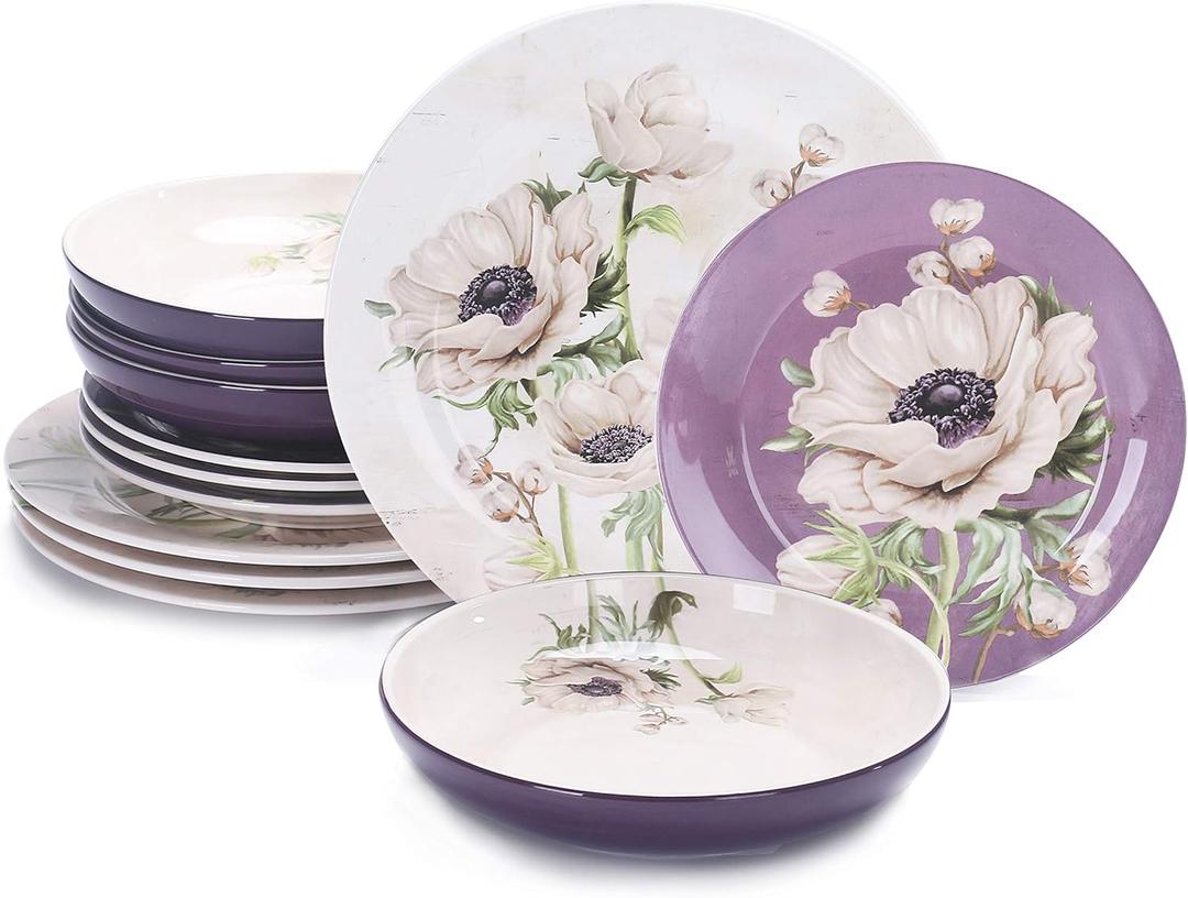 Bico Purple Poppy Ceramic 12 pcs Dinnerware Set, Service for 4, Inclusive of 11 inch Dinner Plates, 8.75 inch Salad Plates and 35oz Dinner Bowls, for Party, Microwave & Dishwasher Safe