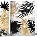 sechars 3 Piece Leaves Canvas Wall Art Black Grey and Gold Bathroom Decor Botanical Leaves Painting Art Prints Framed Ready to Hang