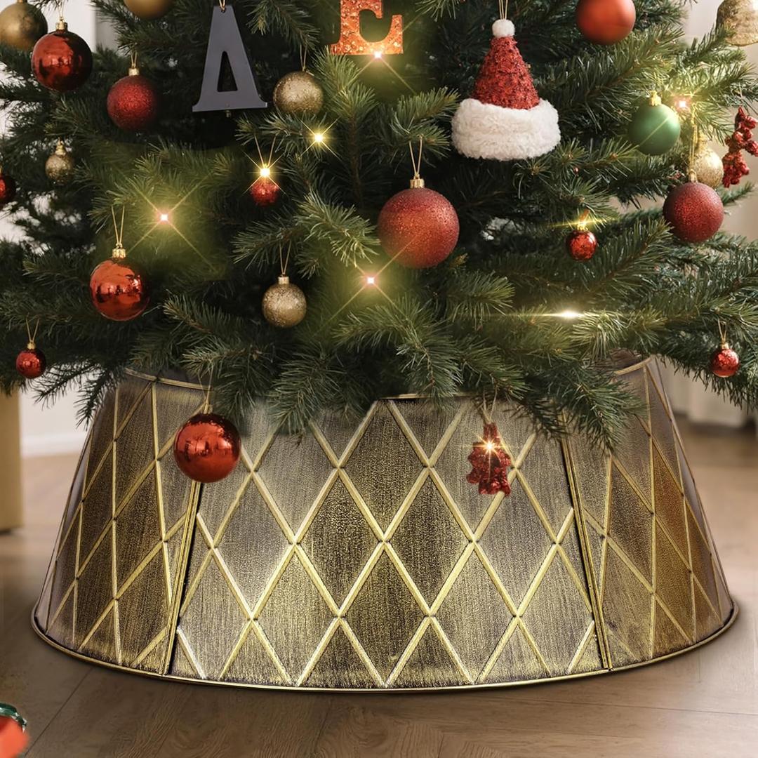 Lanpn Metal Christmas Tree Collar 24 inch, Christmas Tree Ring Collar for Small Mini Pencil Xmas Stand Cover Real Artificial Trees Indoor Outdoor Decoration (Gold, Diamond)