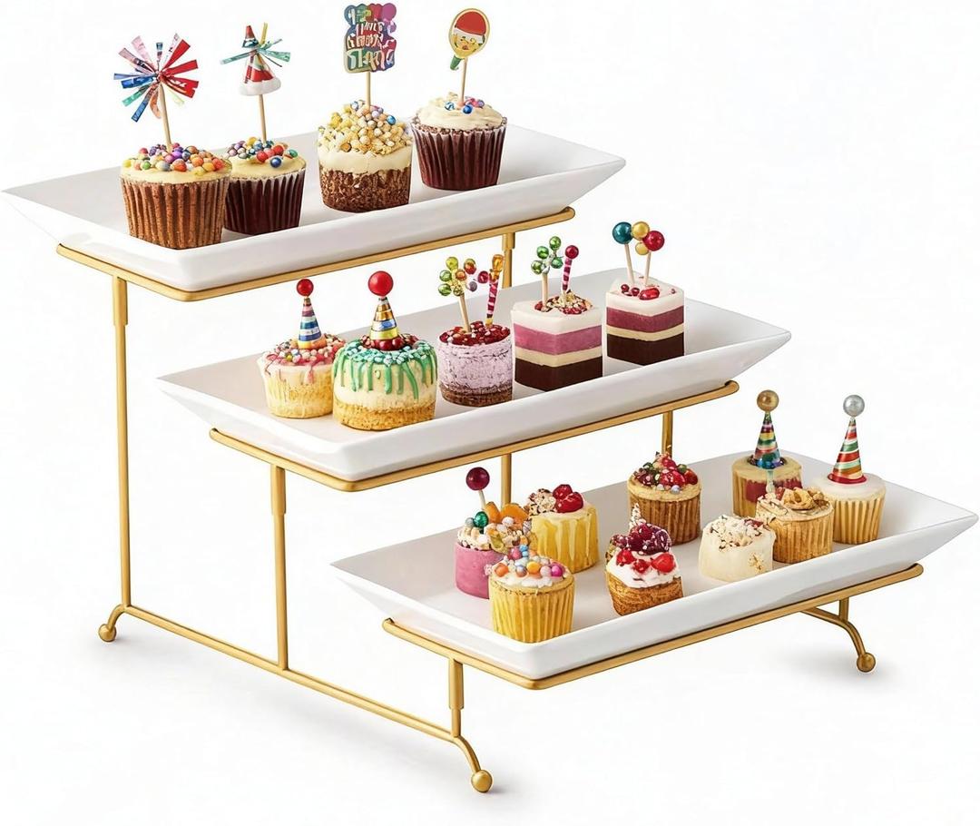 Gomakren 3 Tier Serving Stand with Porcelain Serving Platter Tray - Collapsible Gold Stand with 3 Piece Large14 Inch White Plates for Food Presentation Dessert Server Display and Entertaining (15.7" x 13.5" x 9.2")